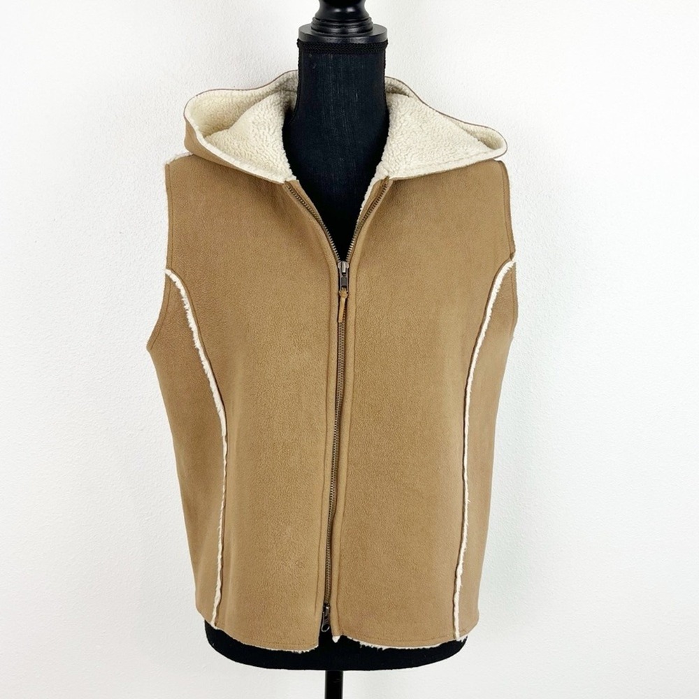 Lauren Ralph Lauren Tan Sherpa Vest Cream Trim Large Cozy Neutral - Picture 3 of 11